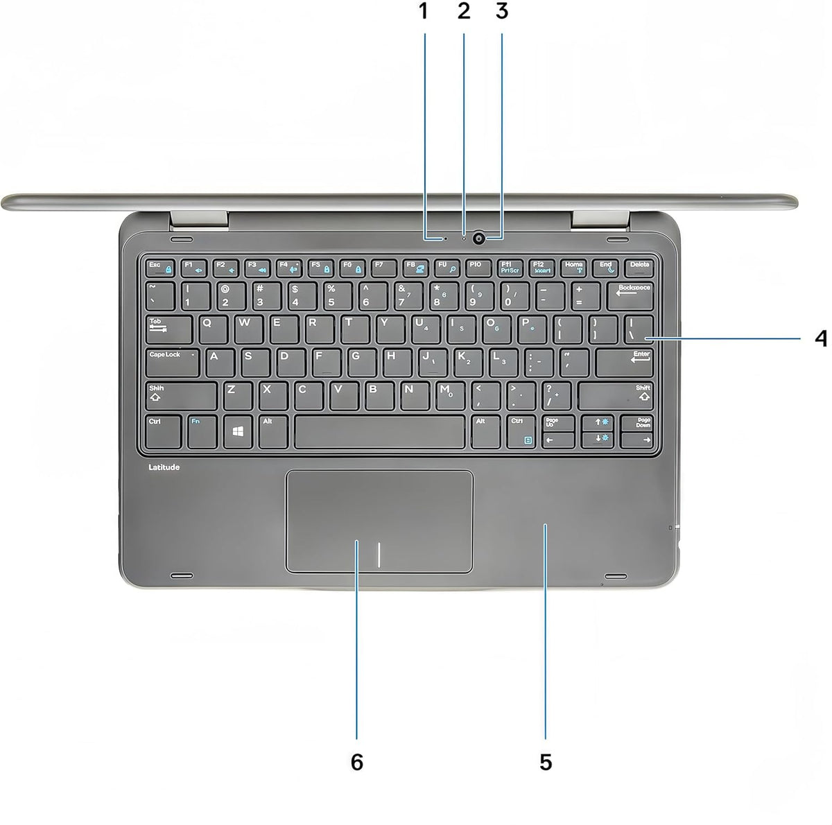 Dell Latitude 3190 2-in-1 Kenya top-down view showing full keyboard layout, touchpad, webcam and numbered component callouts
