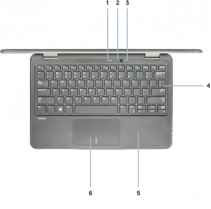 Dell Latitude 3190 2-in-1 Kenya top-down view showing full keyboard layout, touchpad, webcam and numbered component callouts