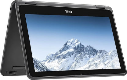 Dell Latitude 3190 2-in-1 Kenya in tent mode, 11.6" touchscreen displaying mountain wallpaper, angled right view