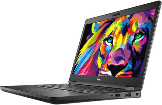 Dell Latitude 5480 Kenya angled right view, open lid, colorful display, Dell logo on palm rest, USB and VGA ports visible
