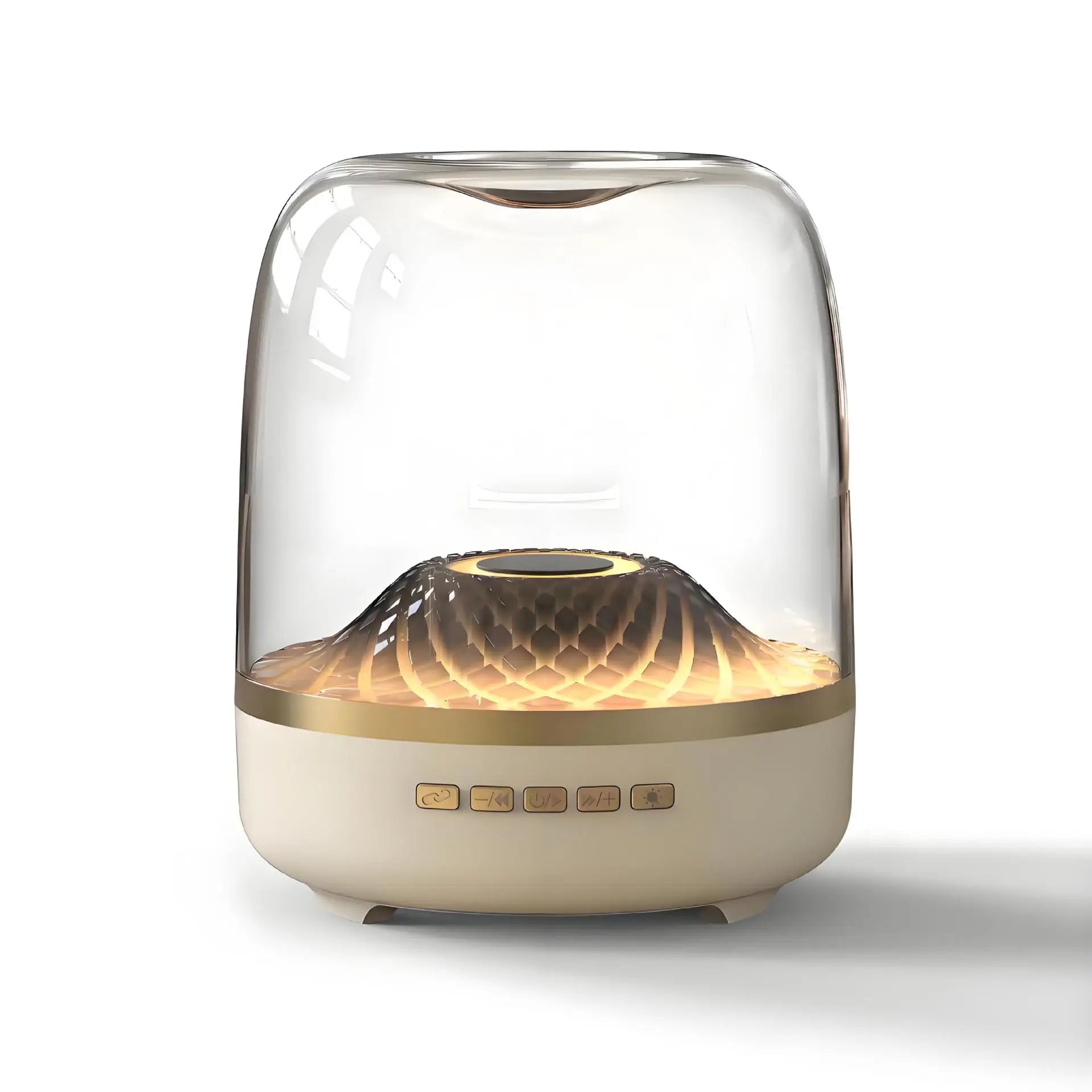 Glass5+ Bluetooth Speaker Kenya off-white clear glass edition with gold trim and honeycomb driver, front view