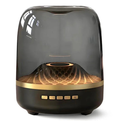 Glass Bluetooth Speaker Kenya Glass5+ black smoked shell with gold accent ring and honeycomb driver, front view