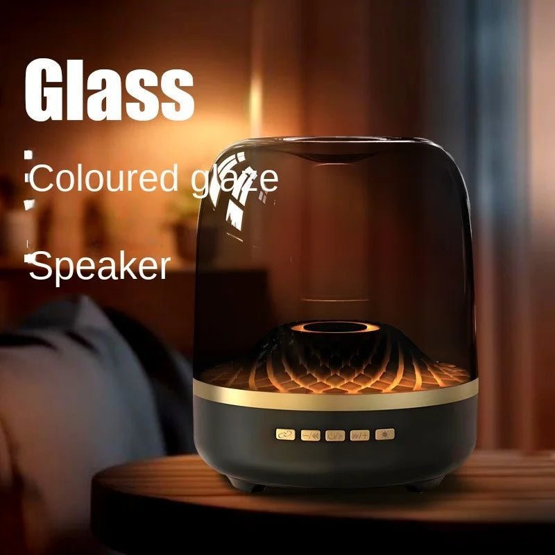 Glass5+ Coloured Glaze Bluetooth Speaker Kenya black edition in warm ambient room with product label overlay