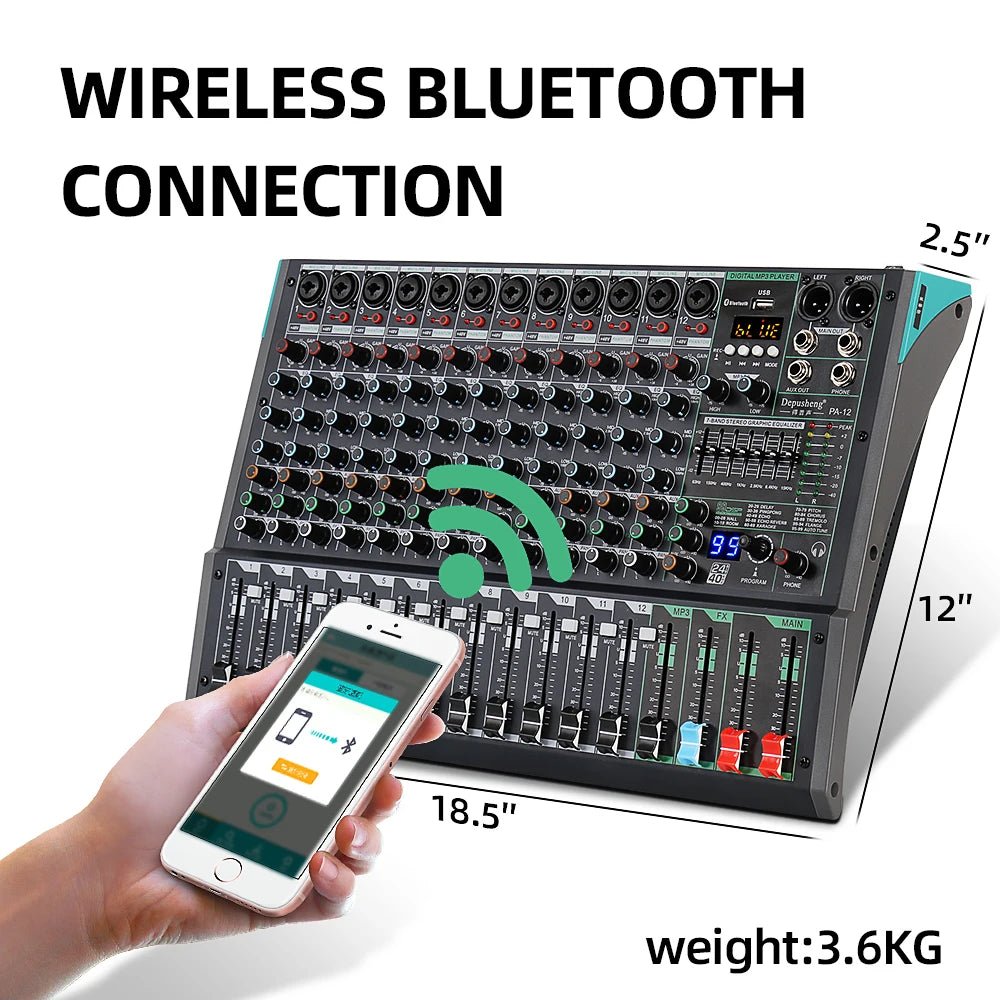 DEPUSHENG PA 12 Mixer – Professional Audio Mixer with 48V Phantom Power, USB Bluetooth MP3 Input, and LED Display for Recording & Live Broadcast - ZAMAR AUDIO SOLUTIONS