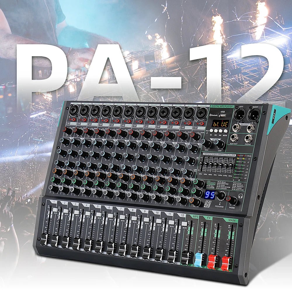 DEPUSHENG PA 12 Mixer – Professional Audio Mixer with 48V Phantom Power, USB Bluetooth MP3 Input, and LED Display for Recording & Live Broadcast - ZAMAR AUDIO SOLUTIONS