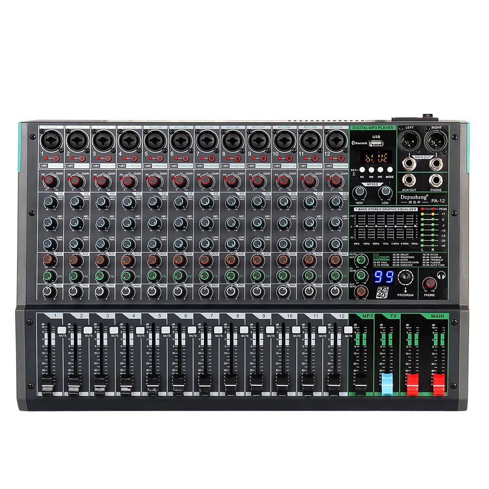 DEPUSHENG PA 12 Mixer – Professional Audio Mixer with 48V Phantom Power, USB Bluetooth MP3 Input, and LED Display for Recording & Live Broadcast - ZAMAR AUDIO SOLUTIONS