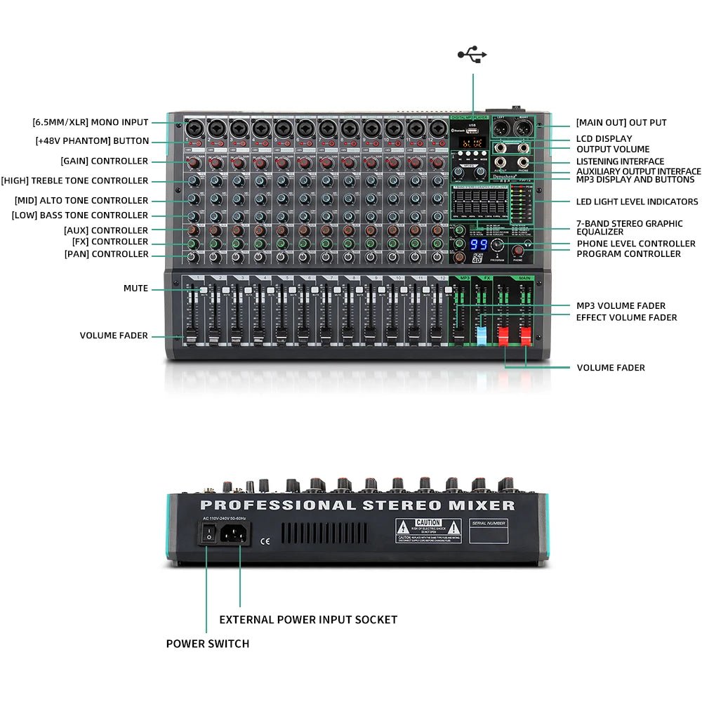 DEPUSHENG PA 12 Mixer – Professional Audio Mixer with 48V Phantom Power, USB Bluetooth MP3 Input, and LED Display for Recording & Live Broadcast - ZAMAR AUDIO SOLUTIONS