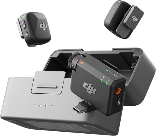 DJI Mic Mini 2 Kenya – two transmitters and receiver in open charging case with USB-C connector, black, full system view`