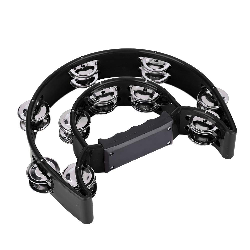 double rings tambourine Kenya – black half-moon ABS frame with dual metal jingle rows and ergonomic handle, angled view
