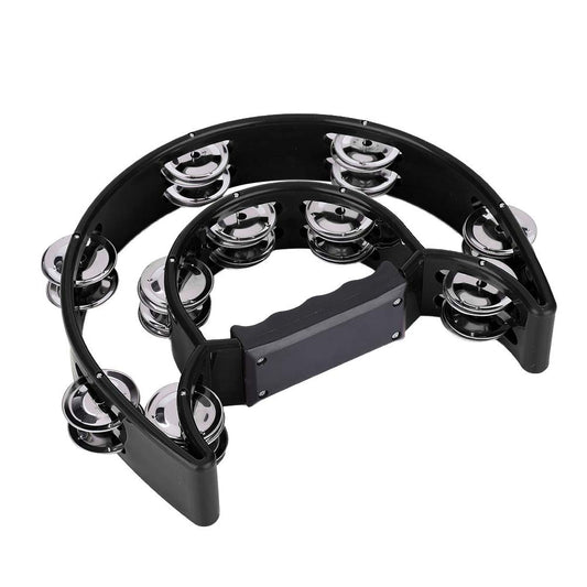 double rings tambourine Kenya – black half-moon ABS frame with dual metal jingle rows and ergonomic handle, angled view