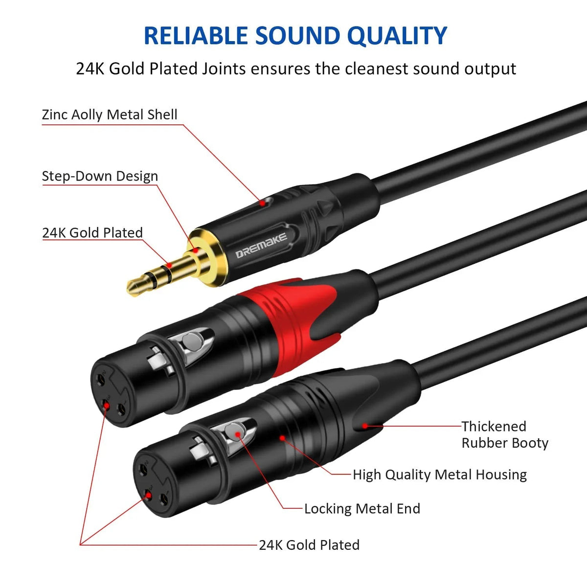 DREMAKE Aux 3.5mm to Dual XLR Breakout Cable – 1/8 Inch to Double XLR Plug Unbalanced Y-Splitter for Speaker, Microphone, Amplifier - ZAMAR AUDIO SOLUTIONS