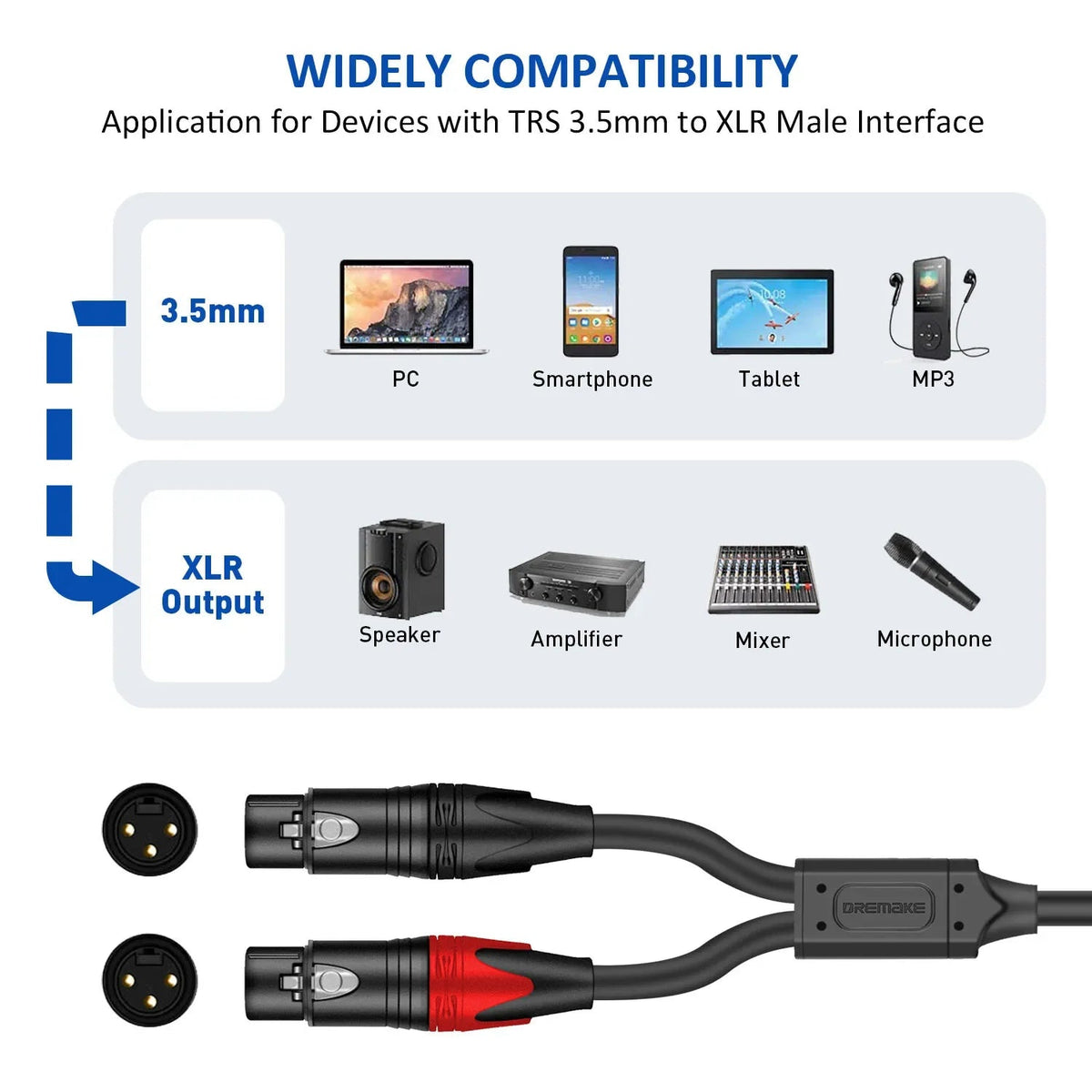 DREMAKE Aux 3.5mm to Dual XLR Breakout Cable – 1/8 Inch to Double XLR Plug Unbalanced Y-Splitter for Speaker, Microphone, Amplifier - ZAMAR AUDIO SOLUTIONS