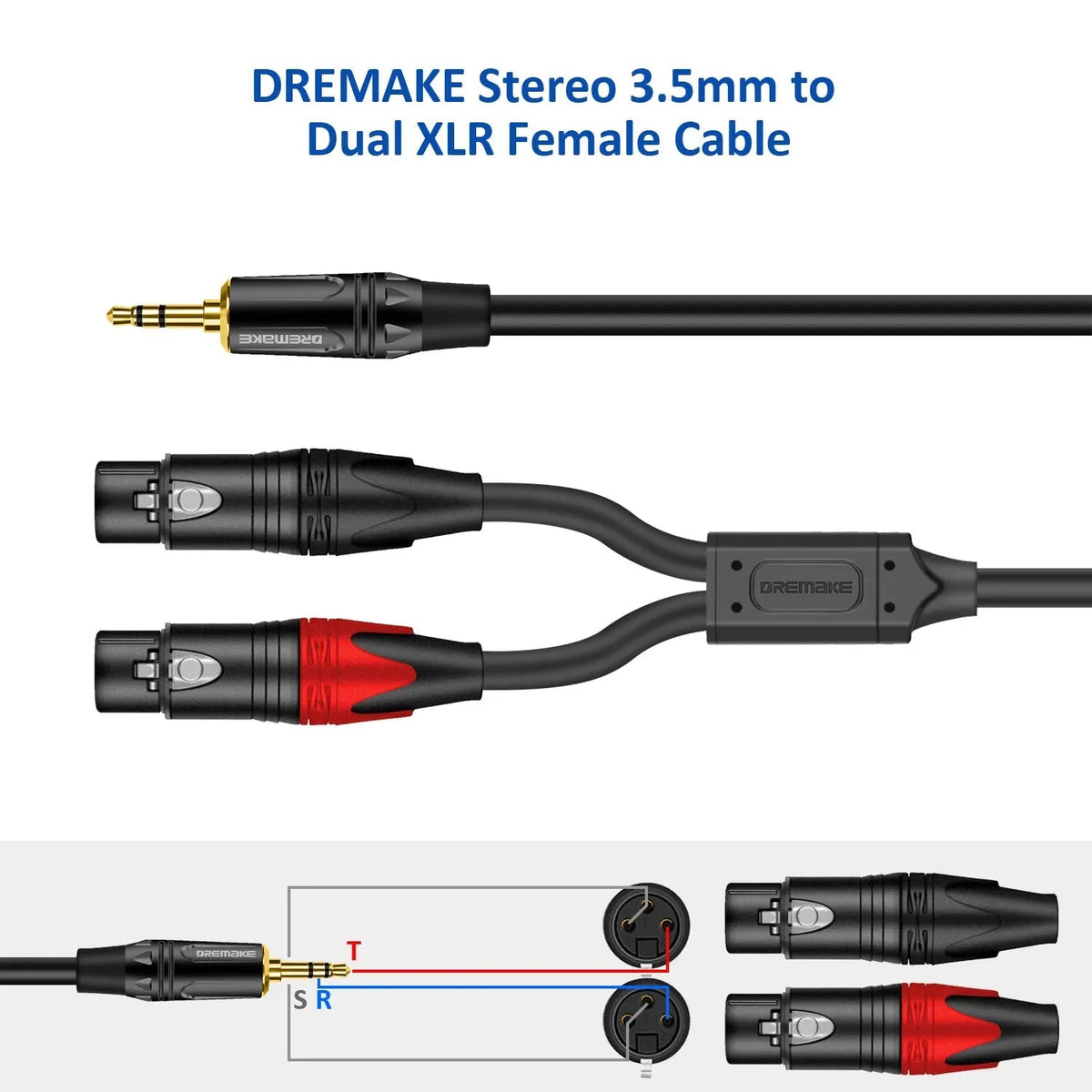 DREMAKE Aux 3.5mm to Dual XLR Breakout Cable – 1/8 Inch to Double XLR Plug Unbalanced Y-Splitter for Speaker, Microphone, Amplifier - ZAMAR AUDIO SOLUTIONS