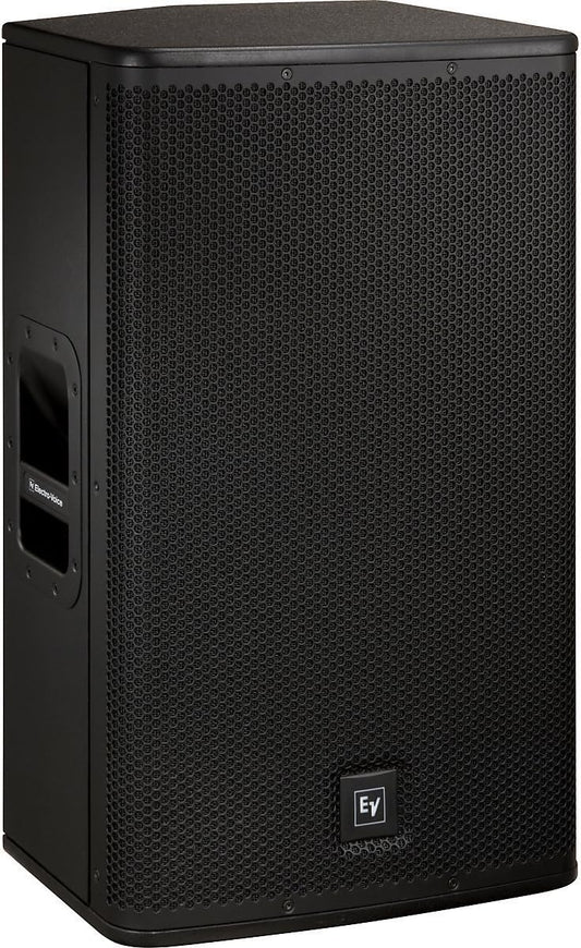 view of the Electro-Voice ELX115 Kenya black PA cabinet showing full grille, EV badge, and side handle