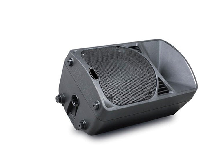 Enforcer EIV 15-inch PA speaker side profile showing plastic cabinet build and pole-mount socket