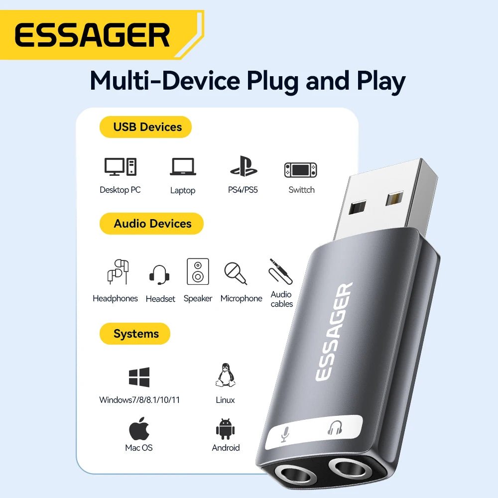 Essager 3.5mm USB External Sound Card – Audio Adapter for Microphone and Headphone, Compatible with Windows, Mac, Linux, PC, Laptops, Desktops, PS5/4 - ZAMAR AUDIO SOLUTIONS