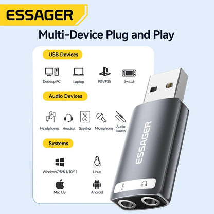 Essager 3.5mm USB External Sound Card – Audio Adapter for Microphone and Headphone, Compatible with Windows, Mac, Linux, PC, Laptops, Desktops, PS5/4 - ZAMAR AUDIO SOLUTIONS