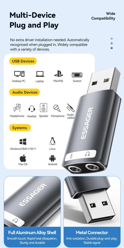 Essager 3.5mm USB External Sound Card – Audio Adapter for Microphone and Headphone, Compatible with Windows, Mac, Linux, PC, Laptops, Desktops, PS5/4 - ZAMAR AUDIO SOLUTIONS