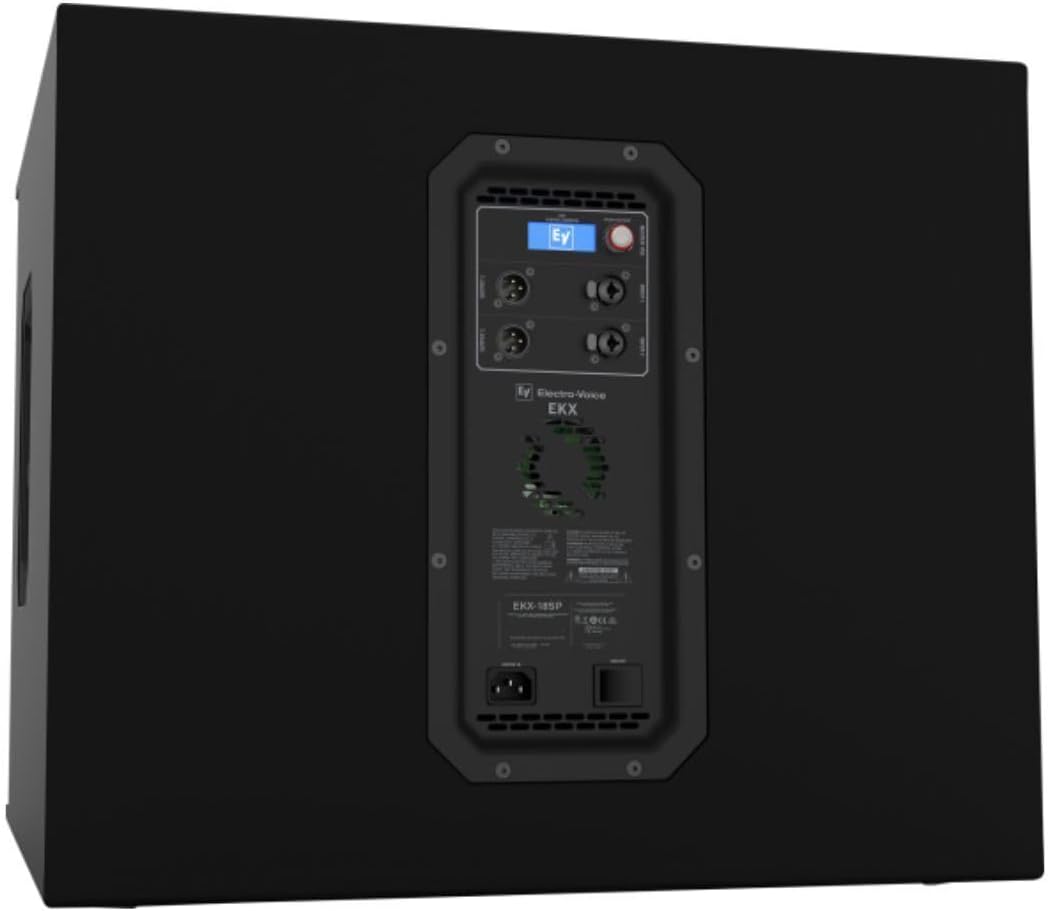 EV EKX-18SP subwoofer Kenya rear panel view showing QuickSmartDSP LCD, XLR inputs, outputs and power inlet