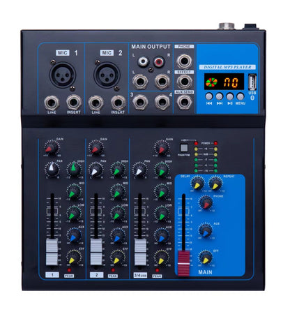 F4-USB 4-channel mixer front panel with faders, EQ knobs and Bluetooth indicator, Zamar