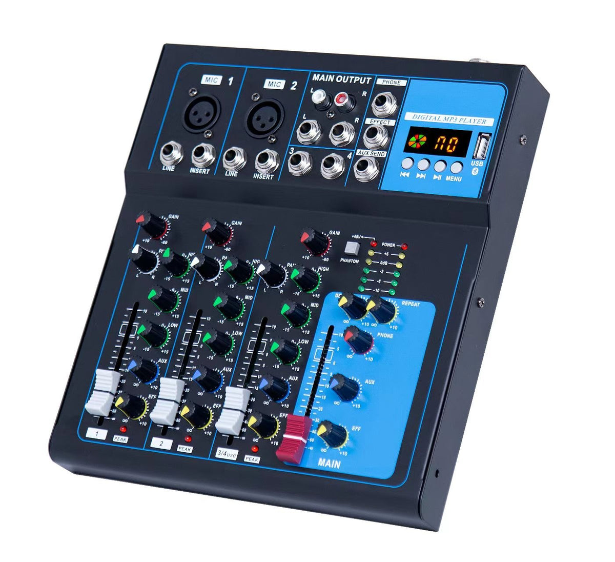 F4-USB 4-channel mixer rear inputs showing XLR combo jacks, RCA outputs and USB port, Zamar Kenya