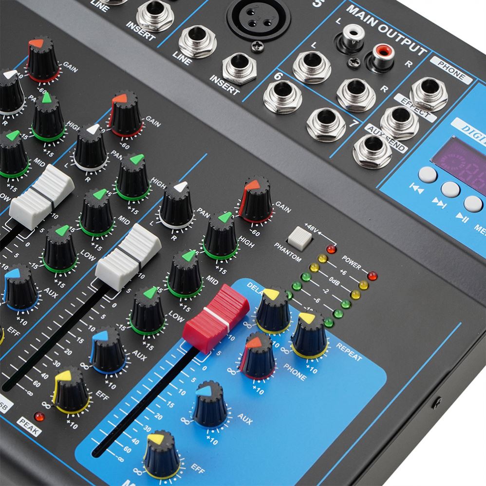 F7-USB mixer Kenya 48V phantom power switch and effects controls