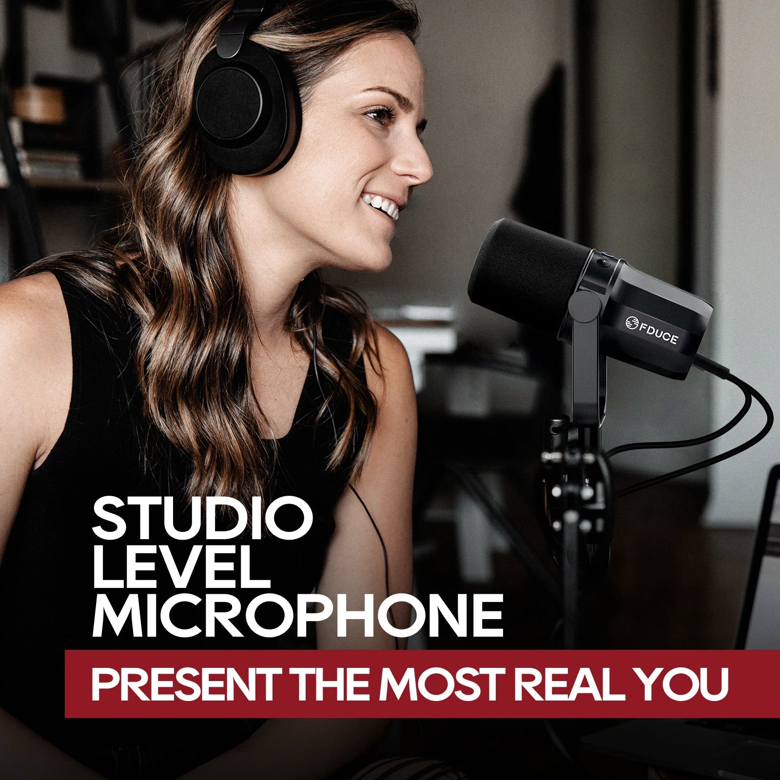 FDUCE SL40X USB XLR microphone Kenya in use by female podcaster wearing headphones for real-time monitoring