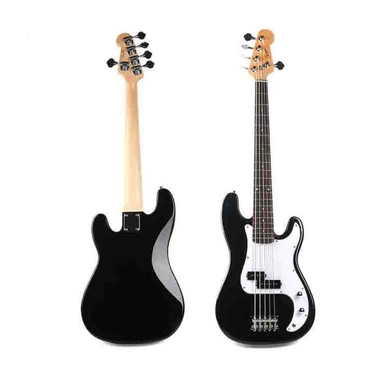 Fender 5-String Jazz Bass Kenya black gloss body front and back view with maple neck