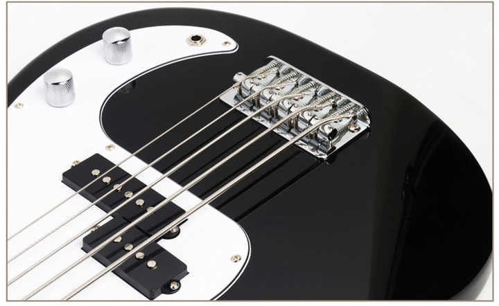 Fender 5-String Jazz Bass Kenya chrome saddle bridge and split pickup close-up detail