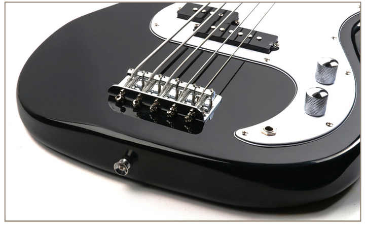 Fender 5-String Jazz Bass Kenya chrome bridge single-coil pickup and control knobs detail
