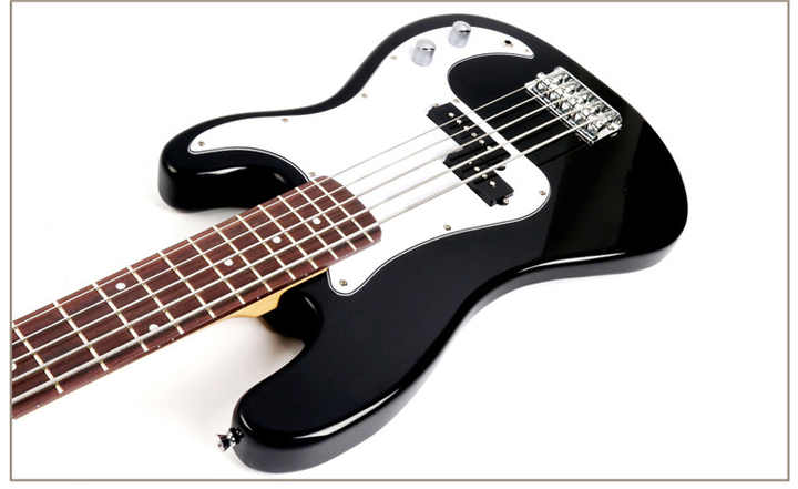 Fender 5-String Jazz Bass Kenya angled view showing rosewood fingerboard and black gloss body