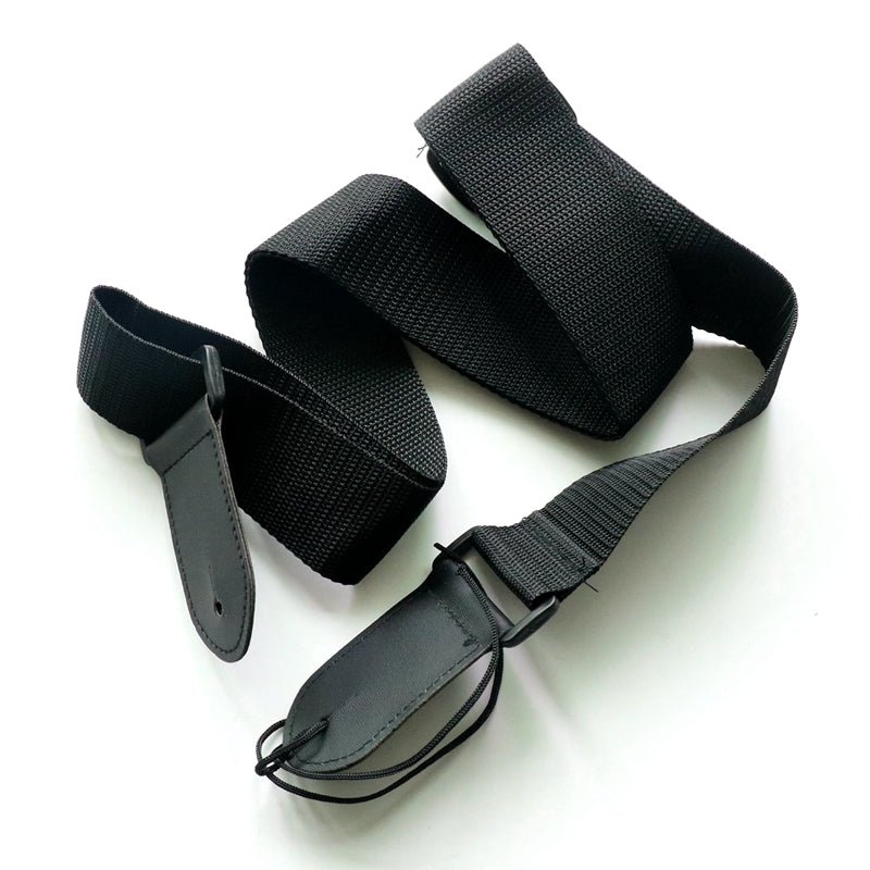 Fender guitar strap in black woven polyester with reinforced leather ends, full length view