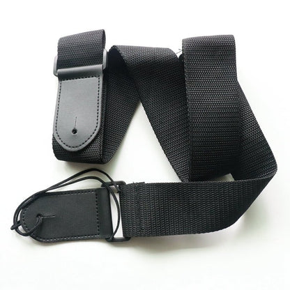 Fender guitar strap in black woven polyester with reinforced leather ends, full length view