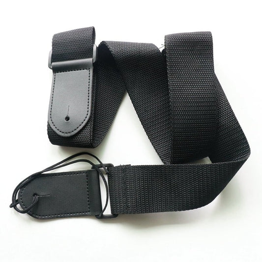 Fender guitar strap in black woven polyester with reinforced leather ends, full length view
