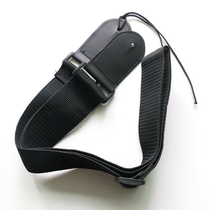 Fender guitar strap in black woven polyester with reinforced leather ends, full length view