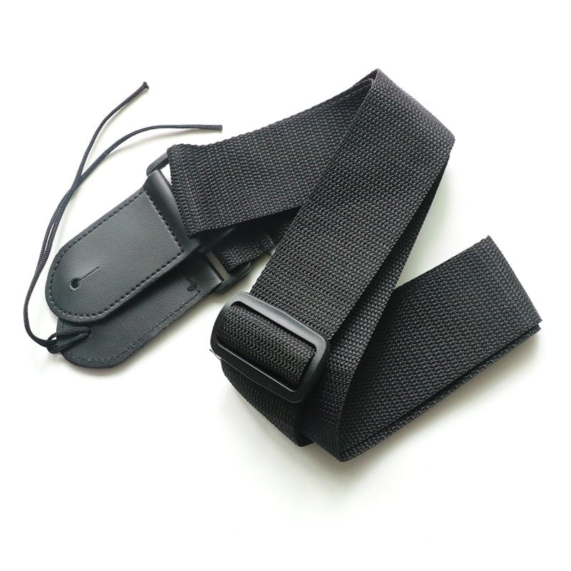 Fender guitar strap in black woven polyester with reinforced leather ends, full length view