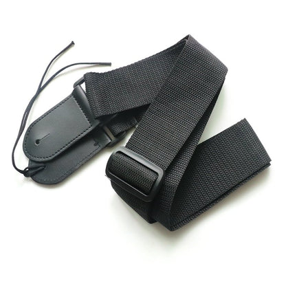 Fender guitar strap in black woven polyester with reinforced leather ends, full length view