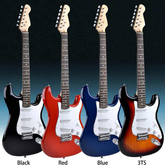 Fender passive lead guitar Kenya in Black, Red, Blue and 3TS finishes, full front view all four colours