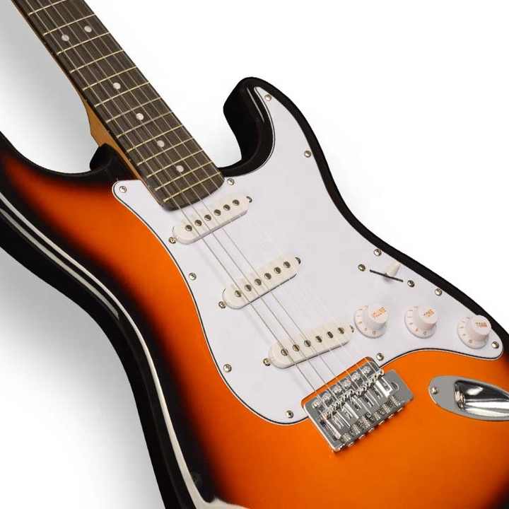 Fender passive lead guitar Kenya red body rear view showing contoured back, tremolo cavity cover and maple neck heel