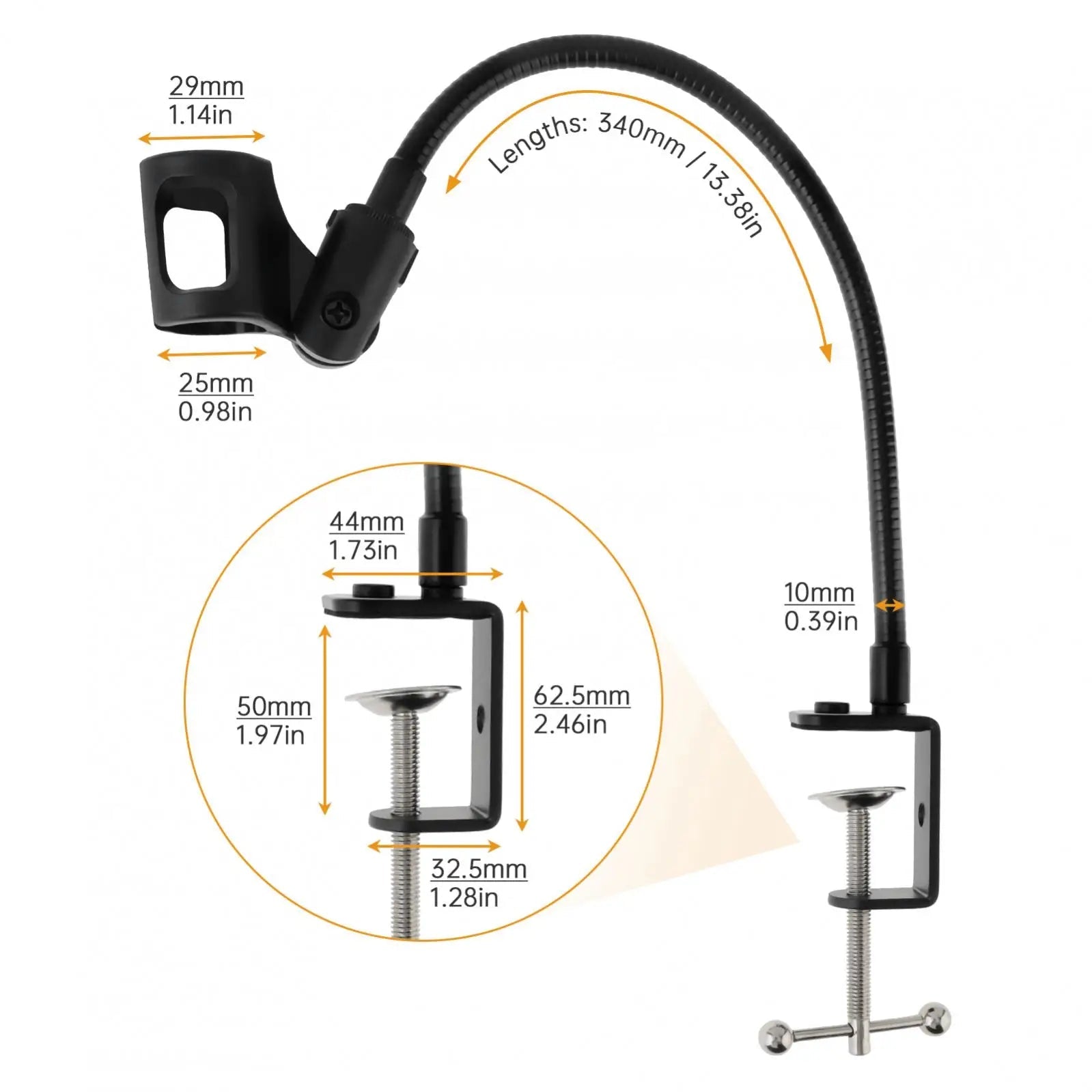 desktop microphone stand Kenya dimensions — 340mm arm length, 44mm clamp width, and mic clip measurements labelled