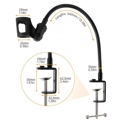 desktop microphone stand Kenya dimensions — 340mm arm length, 44mm clamp width, and mic clip measurements labelled