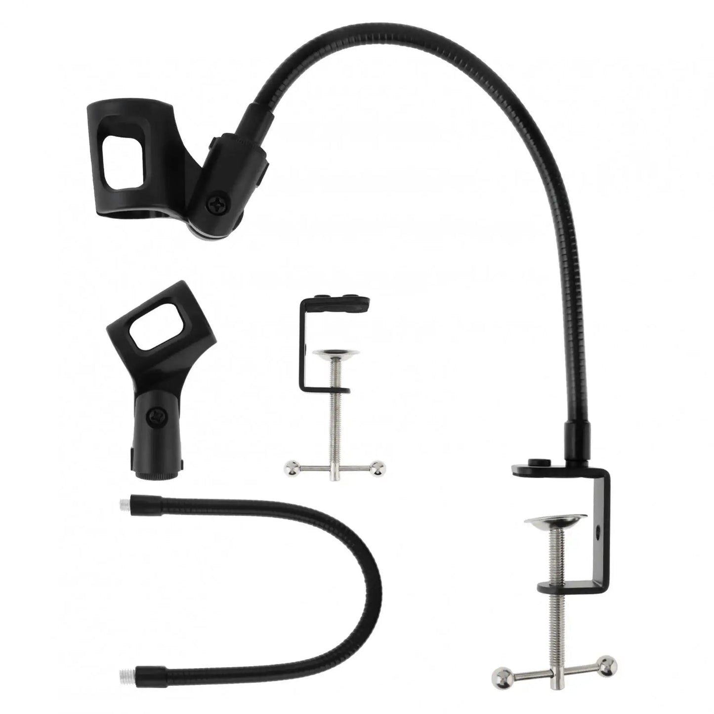 desktop microphone stand Kenya disassembled — mic clip, gooseneck arm, and aluminium C-clamp shown separately