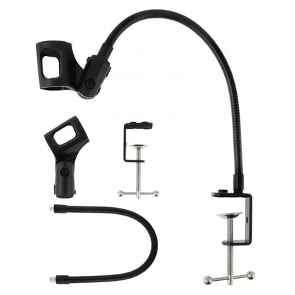 desktop microphone stand Kenya disassembled — mic clip, gooseneck arm, and aluminium C-clamp shown separately