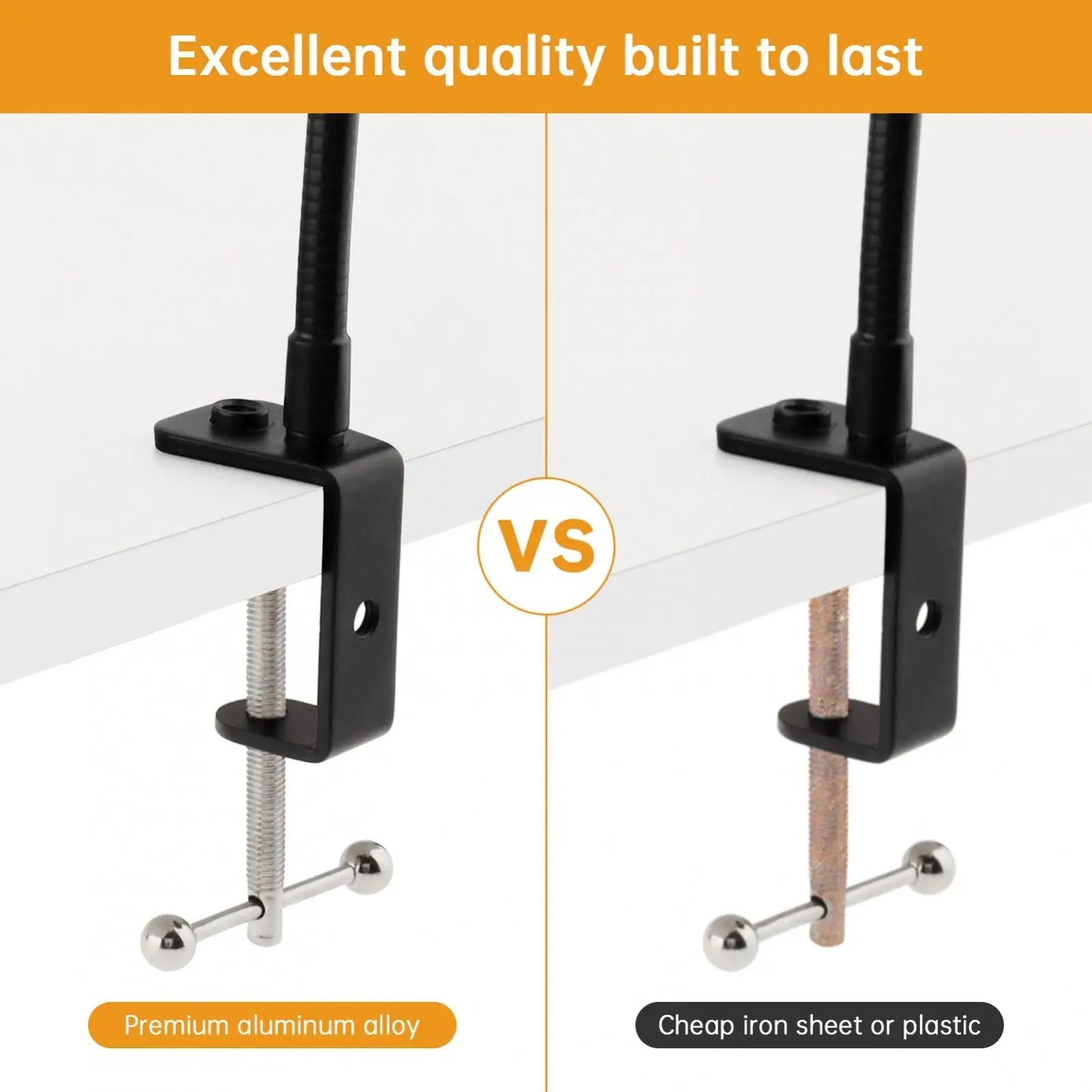 desktop microphone stand Kenya — premium aluminium alloy clamp vs cheap iron sheet comparison graphic