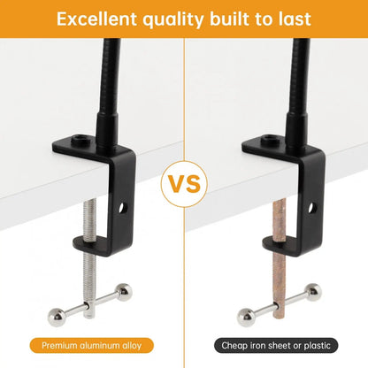 desktop microphone stand Kenya — premium aluminium alloy clamp vs cheap iron sheet comparison graphic