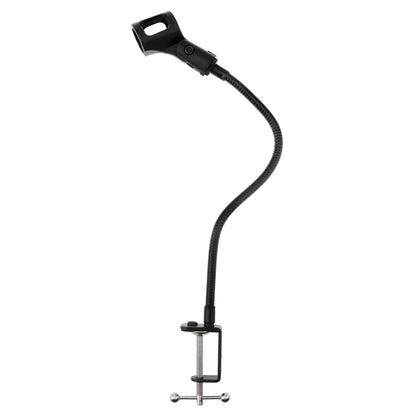 Flexible gooseneck desktop microphone stand Kenya — full view showing 13-inch arm, mic clip, and C-clamp base