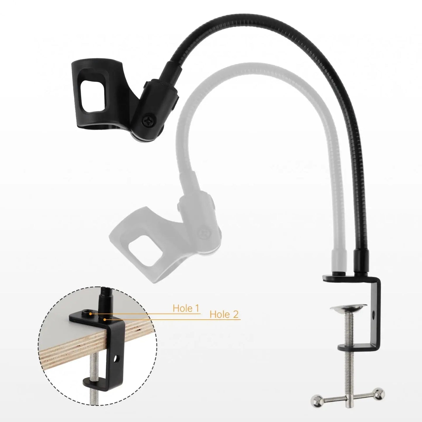 desktop microphone stand Kenya — dual clamp hole positions shown with flexible arm repositioning overlay