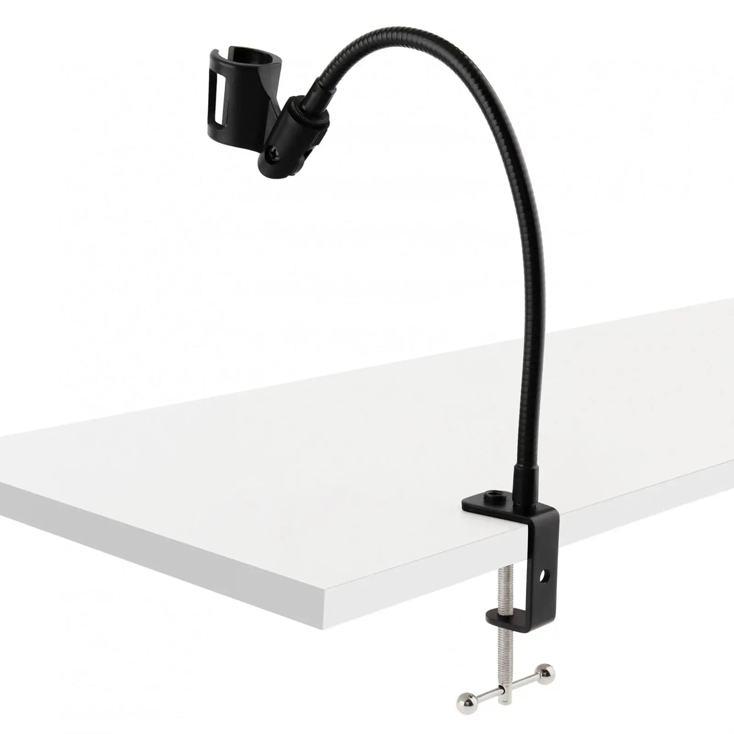 desktop microphone stand Kenya clamped to white desk — angled lifestyle view showing real-world desk mounting