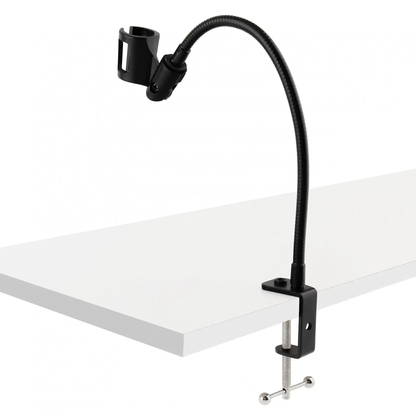 desktop microphone stand Kenya clamped to white desk — angled lifestyle view showing real-world desk mounting