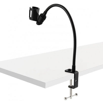 desktop microphone stand Kenya clamped to white desk — angled lifestyle view showing real-world desk mounting